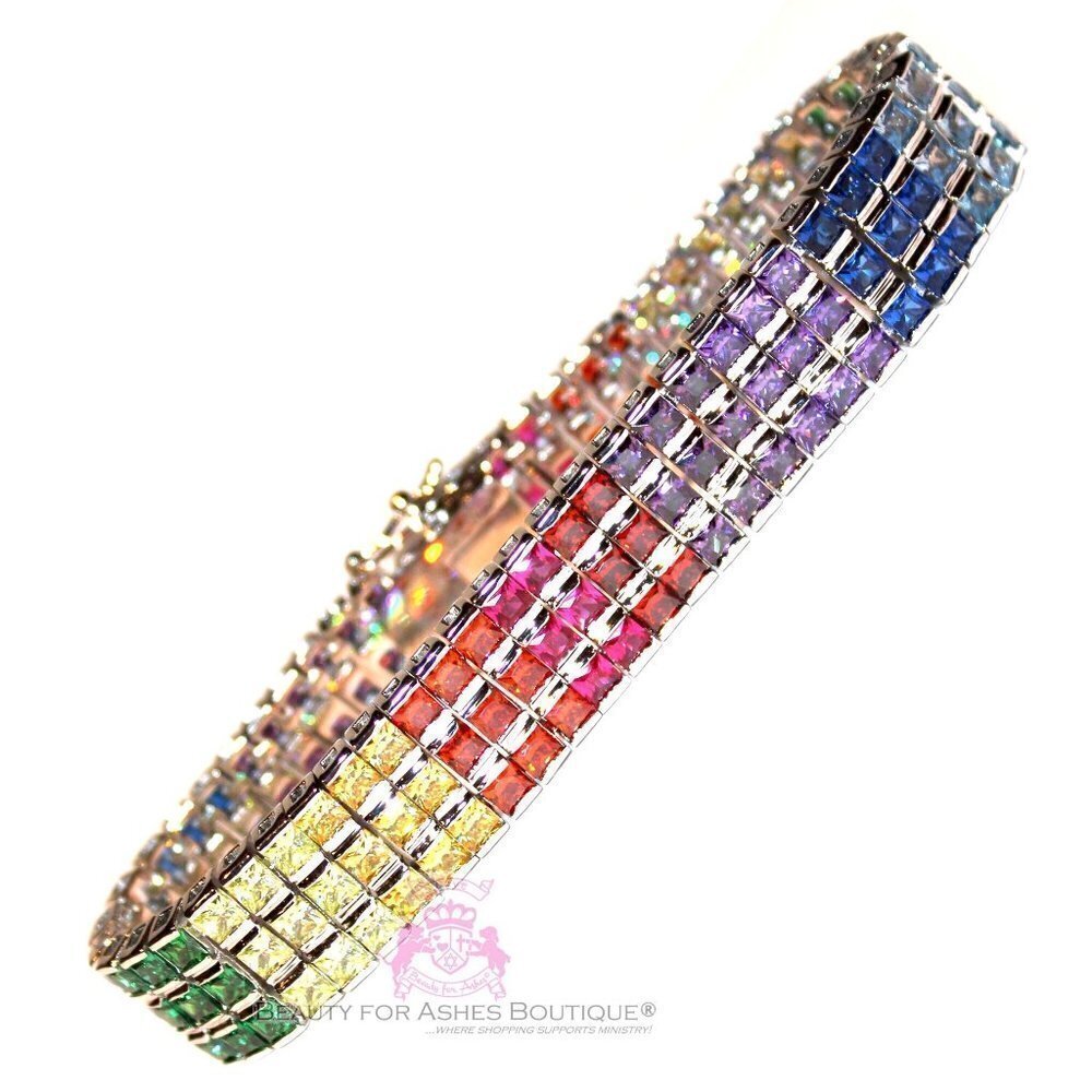 Cubic Zirconia Rainbow Cz 925 Sterling Silver Gods Promise Triple Row Bracelet
